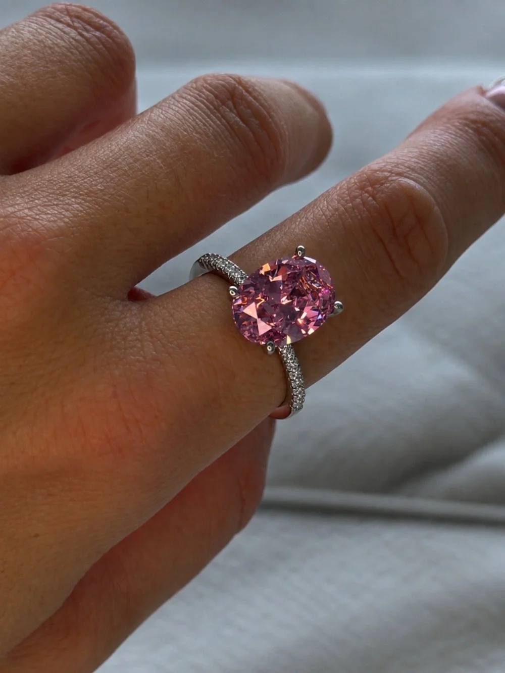 5 Ct Fancy Pink Oval Pave Engagement Ring Silver